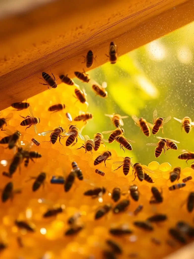 An image showcasing the HarvestInfused™ botanical capsules being placed inside a HarvestBees™ hive, with bees actively collecting nectar and interacting with the capsules.