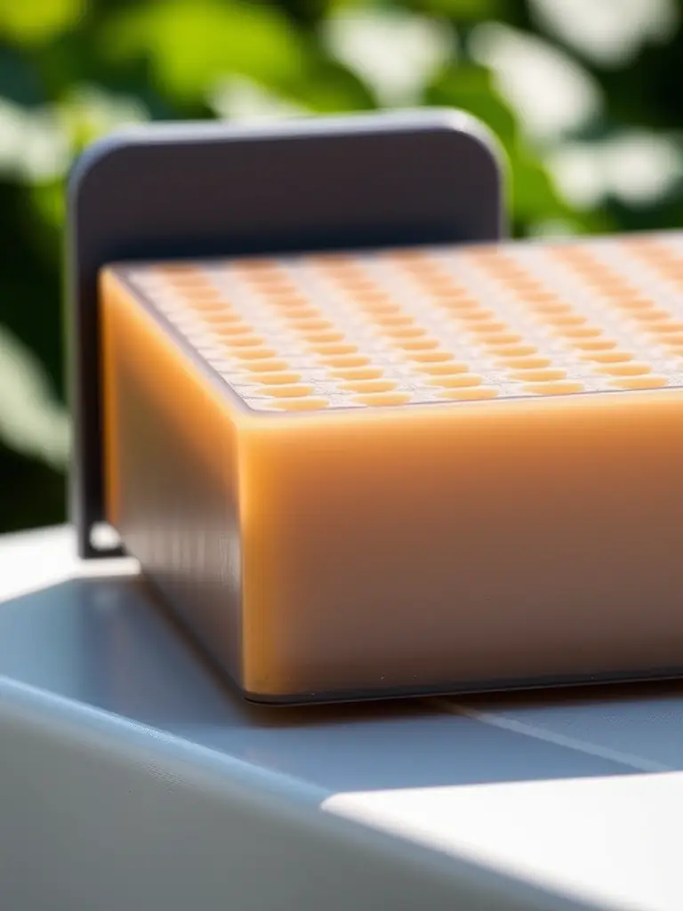 A close-up shot of a HarvestHive™ module, showcasing the intricate 3D-printed design and the food-grade material. The image should highlight the smooth, non-porous surface and the overall durability of the material.