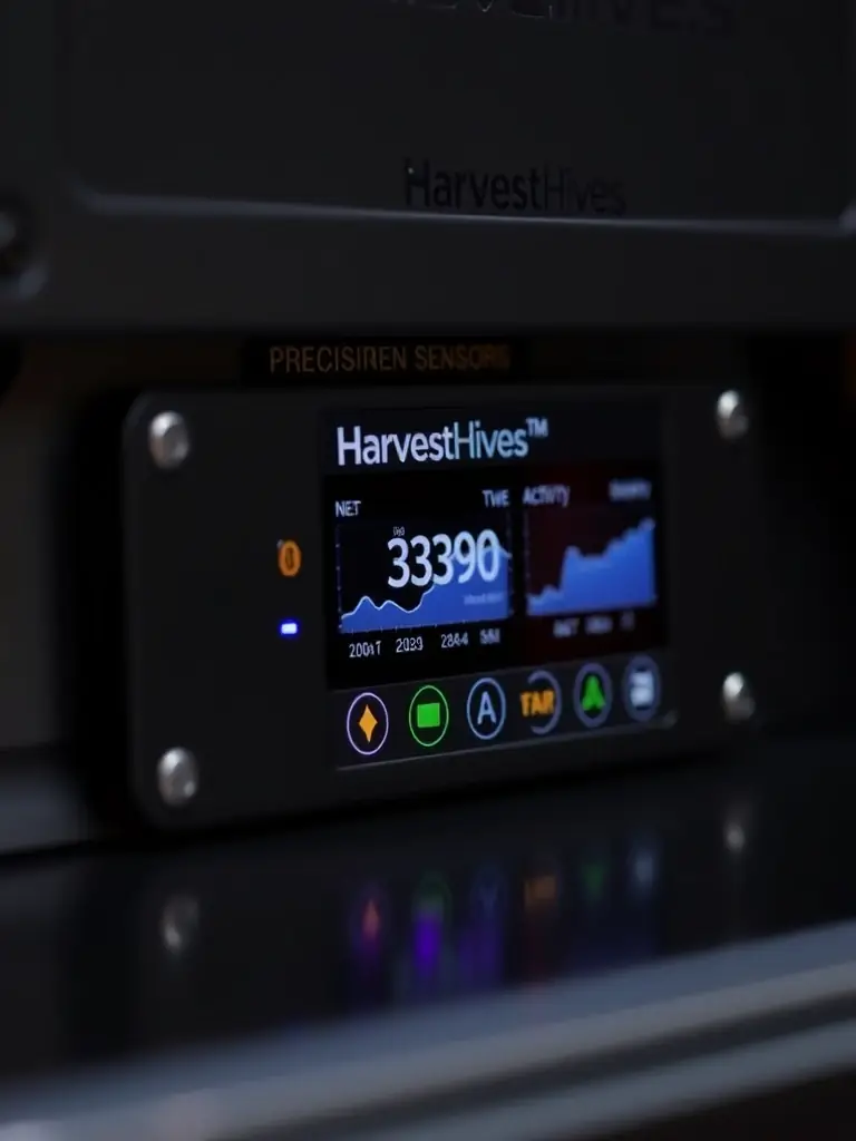 An image of embedded IoT sensors within a HarvestHives™ unit, displaying real-time data on temperature, humidity, and colony activity on a digital interface.
