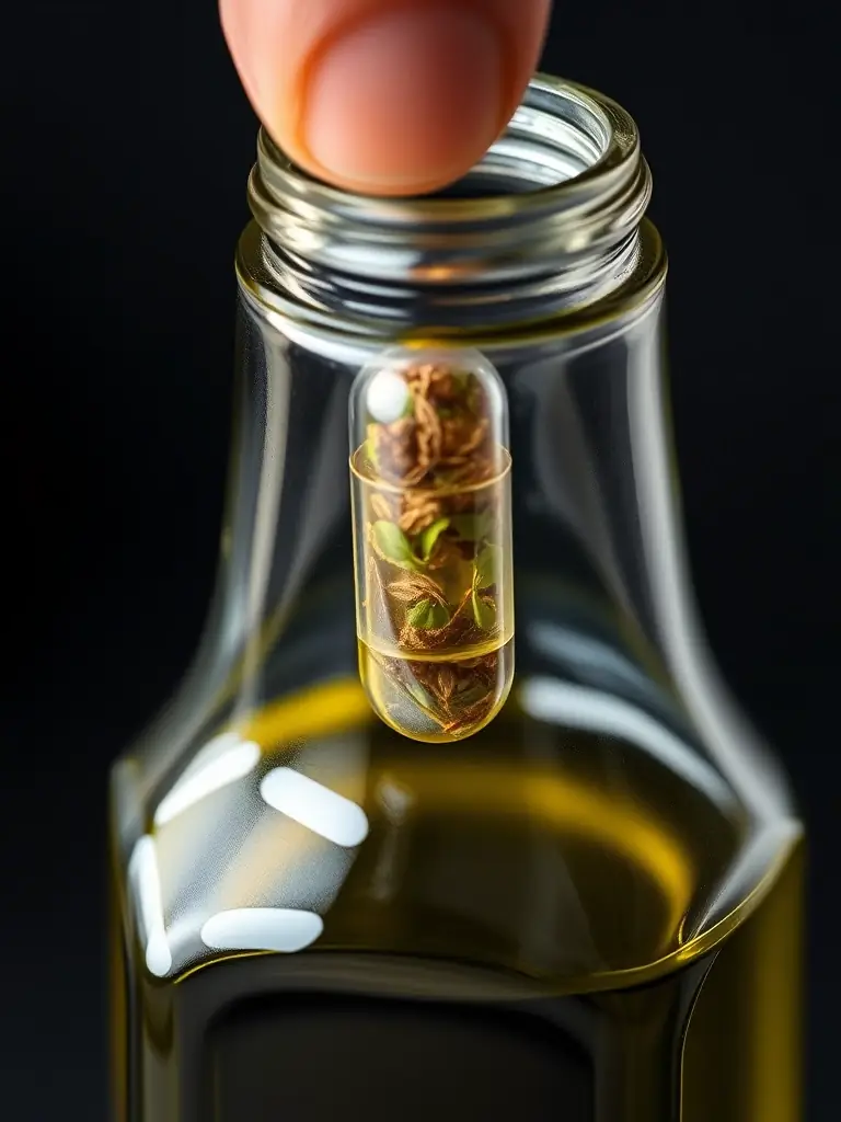 A close-up shot of a HarvestInfused™ capsule being inserted into a bottle of Adriatic Harvest™ olive oil, showcasing the precision and ease of use.