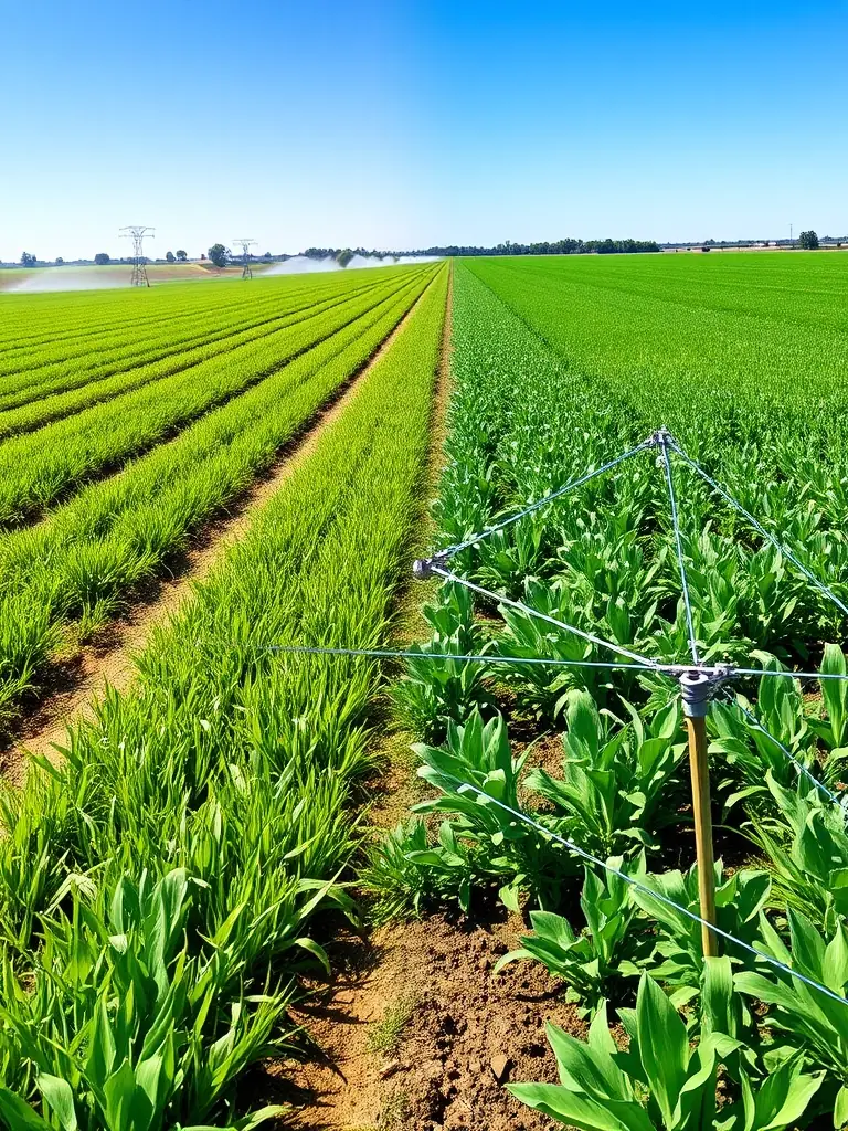 A side-by-side comparison of a field using traditional irrigation methods versus one using Adriatic Harvest's precision irrigation, highlighting water conservation.
