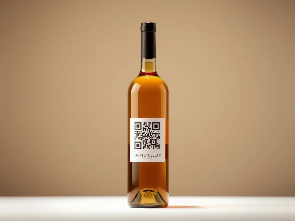 A bottle of HarvestCellar™ wine with a QR code prominently displayed, linking to detailed batch intelligence data. The image should convey transparency and technological sophistication.