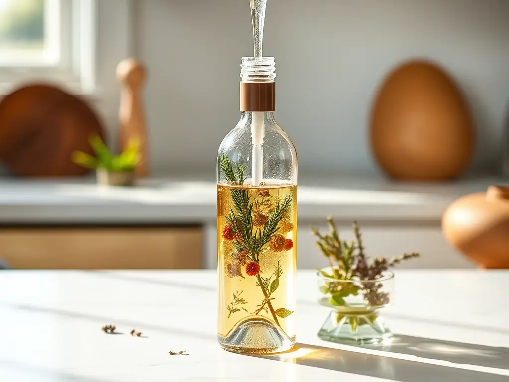 A bottle of HarvestCellar™ wine being infused with botanicals using the HarvestInfusion™ system, showcasing the precision and control of the process. The image emphasizes the unique flavor profiles achieved through this technology.