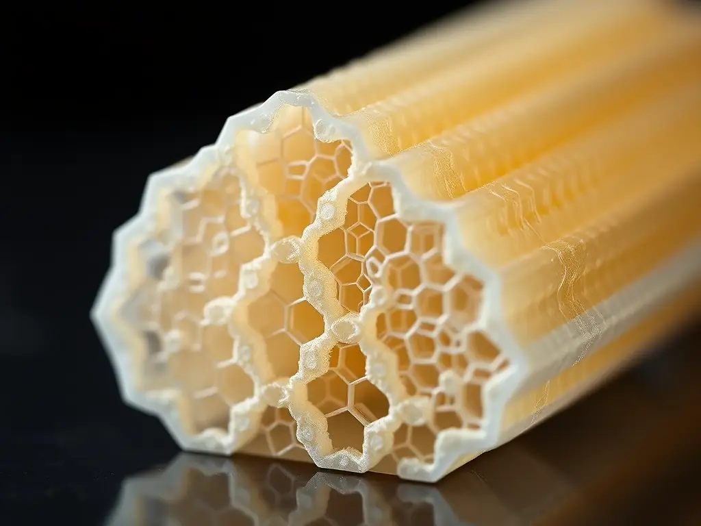 A close-up shot of a 3D-printed honey hive module, showcasing its intricate design and food-grade material, highlighting the purity and safety it provides for honey production.