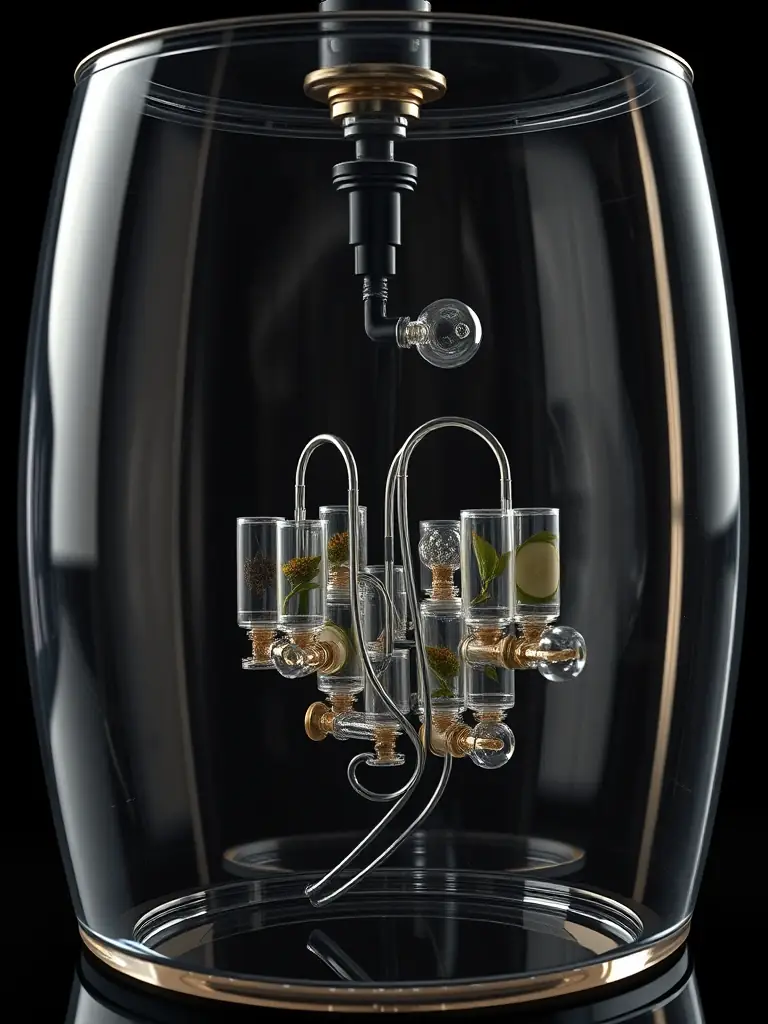 An image of the internal capsule system within the 3D-printed barrel, highlighting the controlled release of botanical infusions during fermentation.