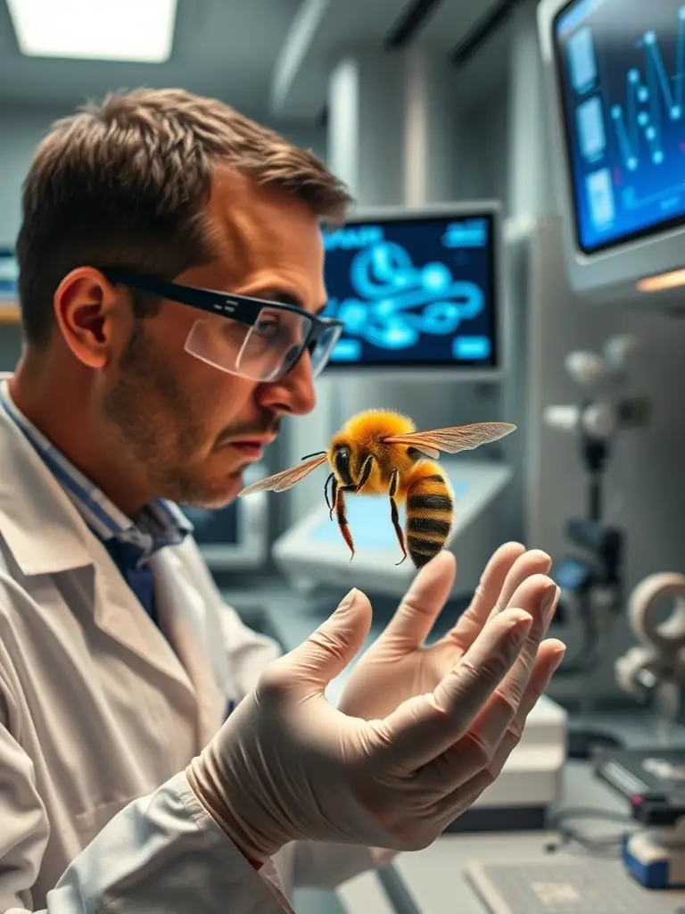 Image of a queen bee being examined in a high-tech lab, showcasing queen lineage and breeding control.