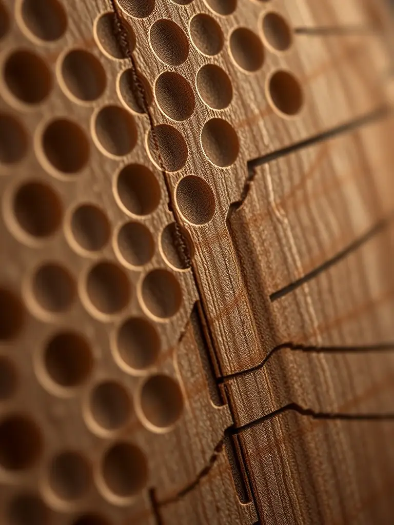 A close-up shot of the 3D-printed wine barrel material, showcasing its porous structure and the intricate design that mimics natural oak.