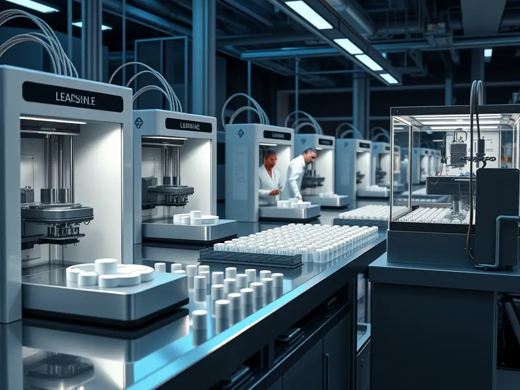 An image of a modern production facility with 3D printers creating HarvestInfused™ capsules, highlighting the scalability and customization capabilities.
