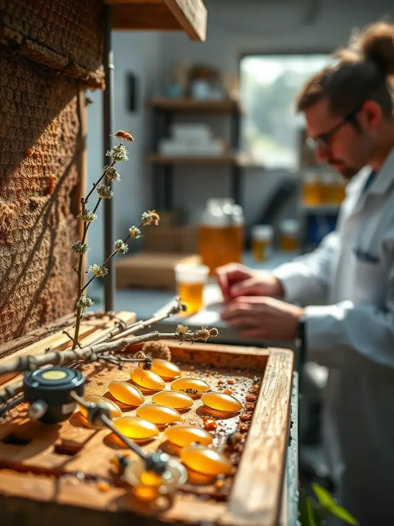 A hive with thyme branches placed inside, and sensors monitoring the chemical composition of the honey. The background shows a flavor chemist analyzing honey samples.