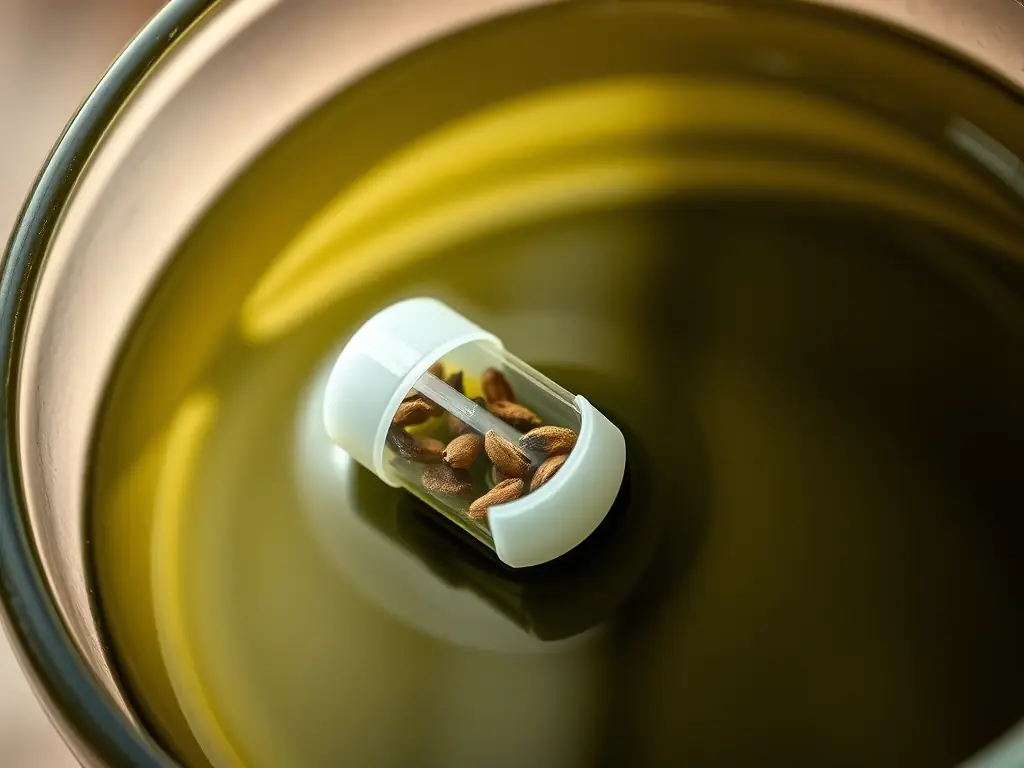 A close-up shot of a 3D-printed HarvestInfused™ capsule releasing botanical flavors into olive oil, showcasing the precision and control of the infusion process.