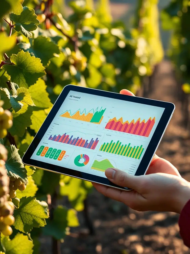 A close-up shot of a digital interface displaying real-time data from a vineyard, showcasing HarvestIQ™'s AI-powered insights for optimal harvesting.