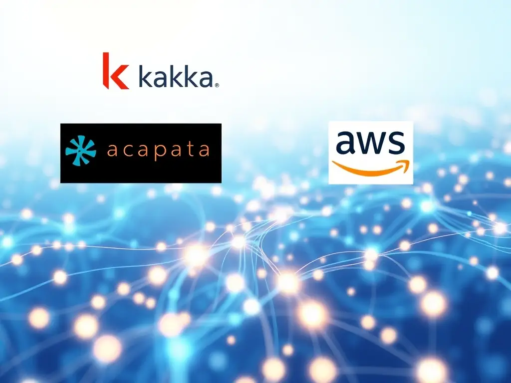 An image depicting real-time data processing pipelines, featuring Apache Kafka or AWS Kinesis logos, illustrating the stream processing of agricultural data.