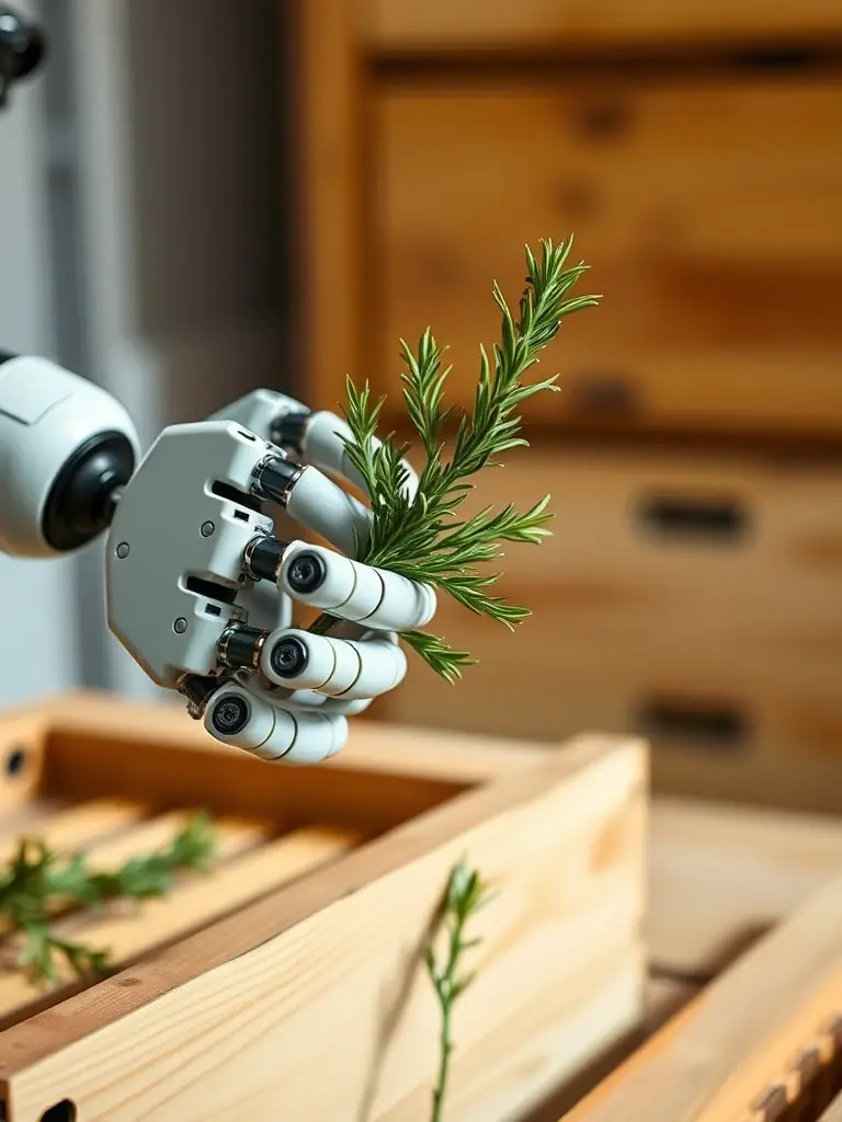Robotic arm gently placing rosemary twigs inside a beehive, representing infusion-driven honey creation.