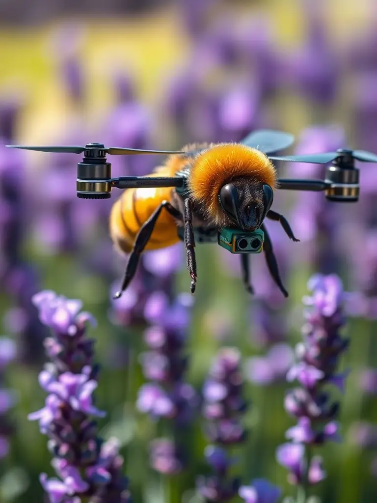 A close-up shot of a miniature drone, designed to resemble a bee, hovering over a vibrant lavender field. The drone is equipped with sensors and a small collection chamber.