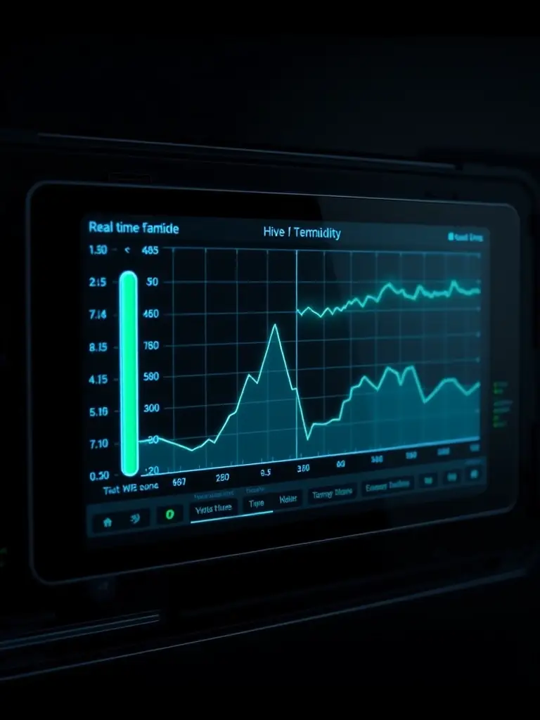 A digital hive monitor displaying real-time data on temperature and humidity, illustrating environmental modulation.