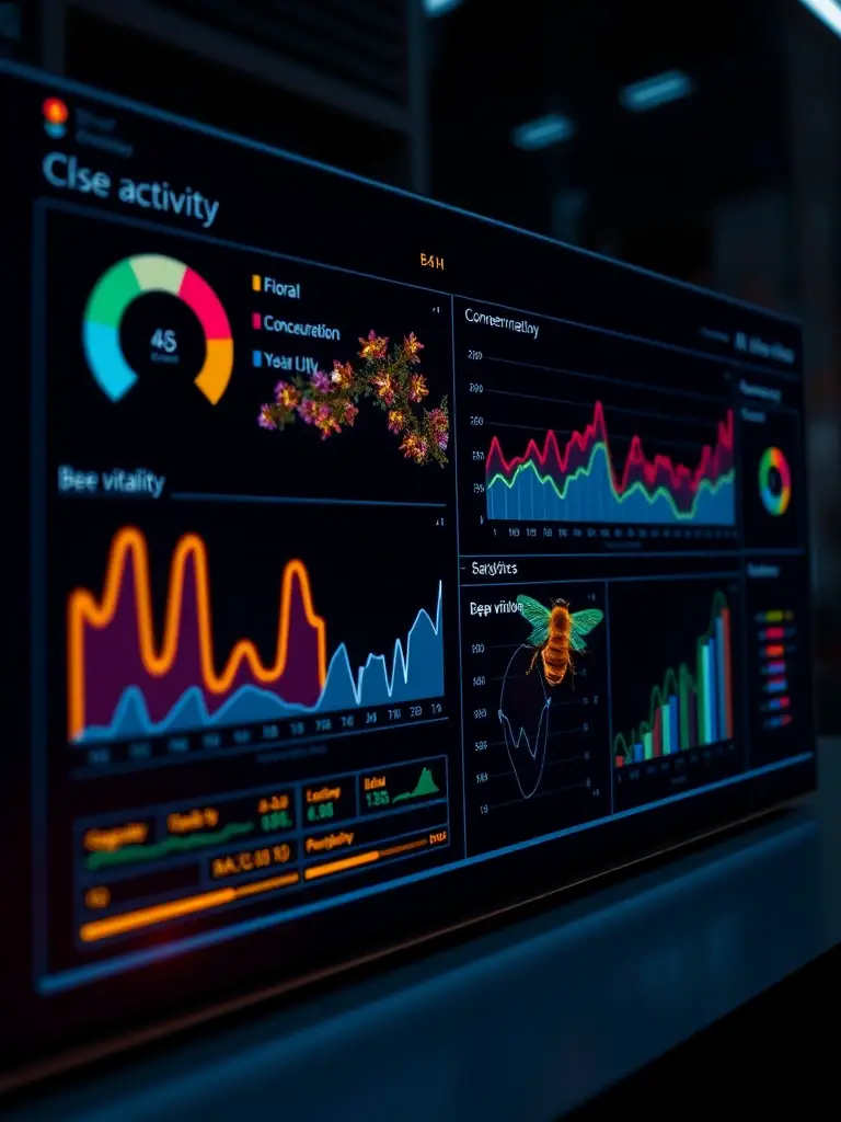 A visual representation of the HarvestIQ™ AI platform predicting the optimal harvest cycle, displaying data on enzyme activity, floral concentration, and bee vitality.