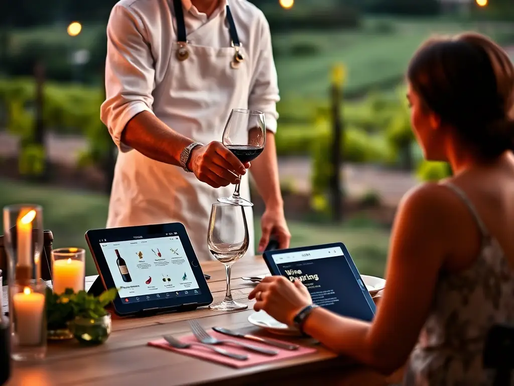 A chef interacting with guests during a private vineyard dinner, with AI-powered recommendations for wine pairings based on the meal and guest preferences.