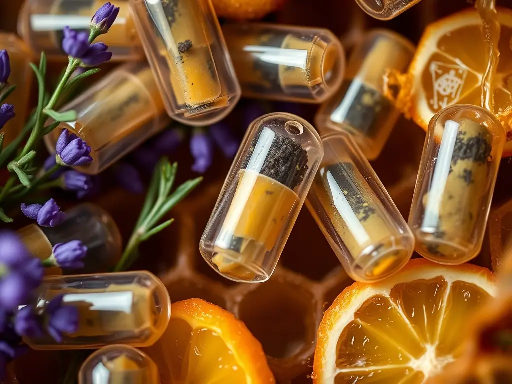 An image of integrated slow-release botanical infusion capsules (lavender, rosemary, citrus) within the hive, demonstrating the creation of unique and enhanced honey flavor profiles.