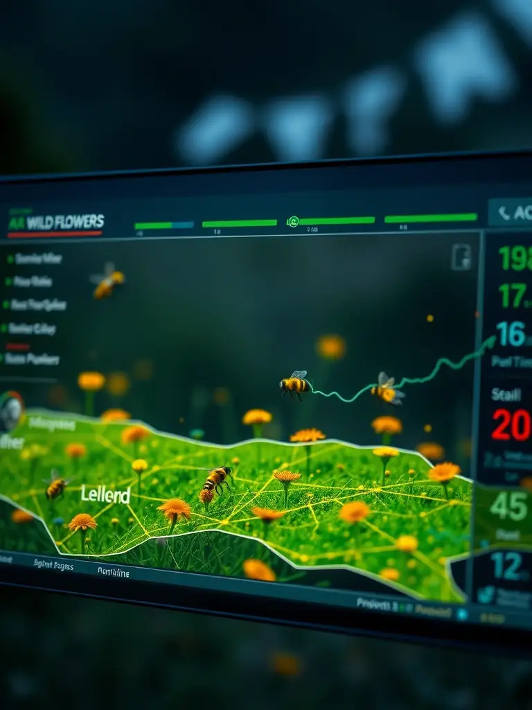 A digital interface displaying bee tracking data, with individual bees marked on a map of a wildflower plot. The interface shows real-time movement and foraging patterns.