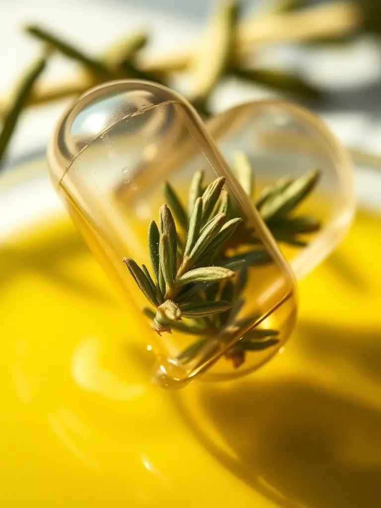 A close-up shot of a translucent 3D-printed HarvestInfused™ capsule, showcasing its intricate microchannel design and the vibrant dried rosemary core inside. The capsule is partially submerged in clear olive oil, highlighting the controlled botanical release.