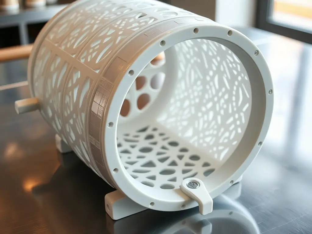 A close-up of a 3D-printed, food-safe fermentation barrel with intricate internal structures, highlighting its oxygen-permeable design. The image conveys the advanced technology and precision engineering involved.