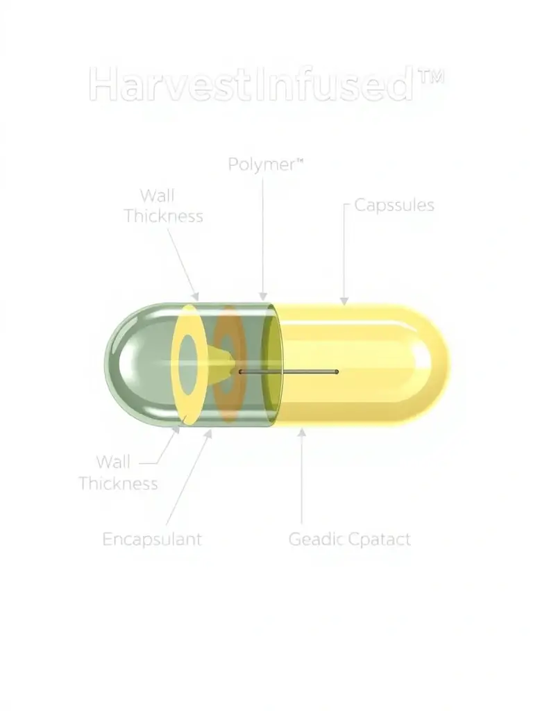 A diagram illustrating the cross-section of a HarvestInfused™ capsule, highlighting the polymer density, wall thickness, and optional encapsulant coatings that tailor shell permeability and infusion kinetics.