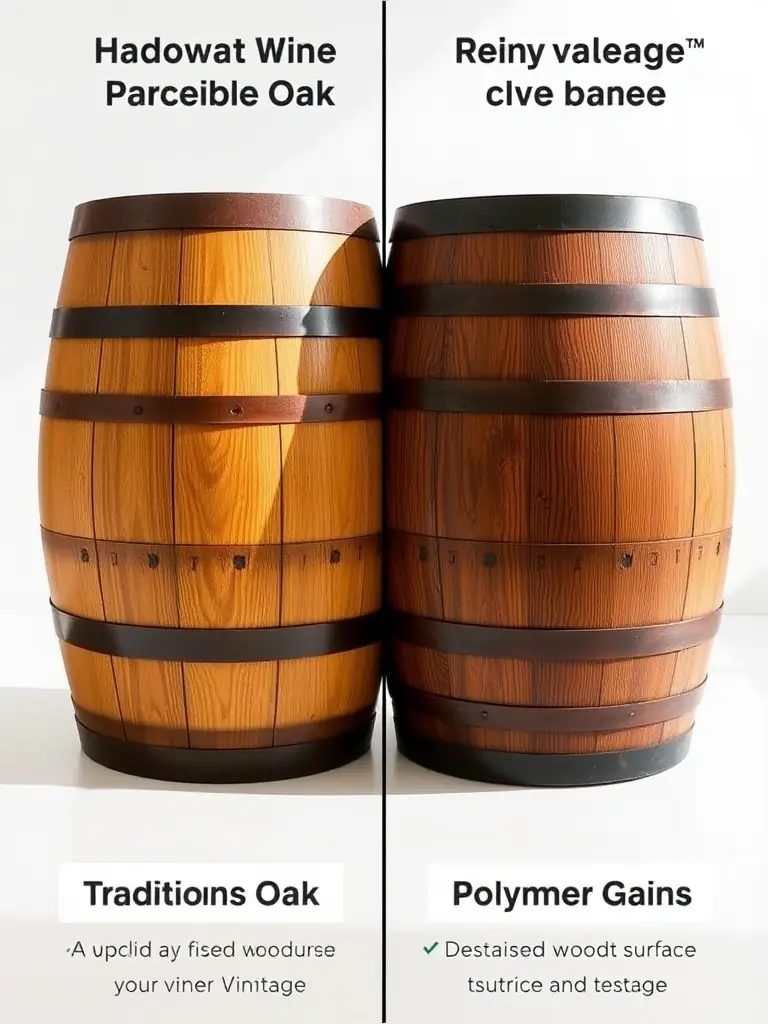 A side-by-side comparison of a traditional oak barrel and a HarvestVintage™ barrel, visually emphasizing the cost savings and reduced environmental footprint.