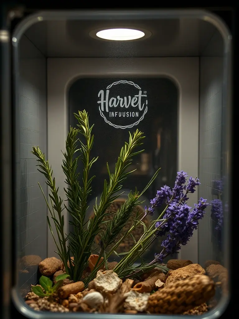 A detailed view of the botanical infusion chamber within a HarvestHives™ unit, with natural botanicals like rosemary and lavender visible.