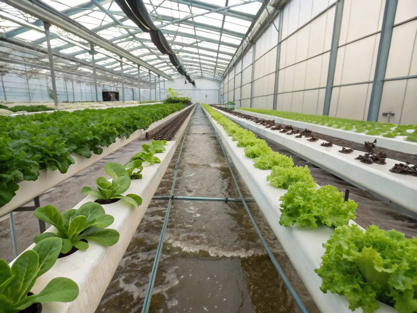 A high-angle shot of a state-of-the-art vertical farm, bathed in soft, natural light, showcasing rows of leafy greens and herbs growing hydroponically. The image emphasizes the clean, controlled environment and the vibrant health of the plants.