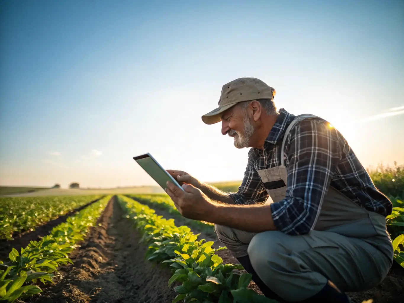 A close-up shot of a farmer using a tablet to monitor crop health in a field. The tablet displays real-time data on soil moisture, nutrient levels, and plant growth. The image highlights the integration of technology in modern farming practices.