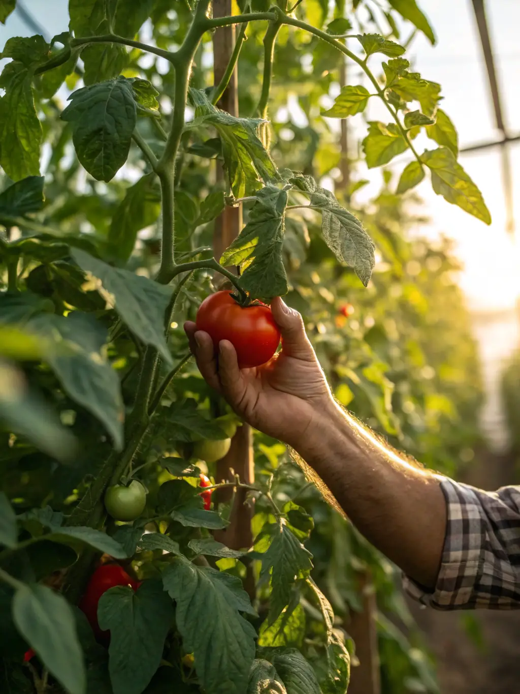 A high-angle shot of a perfectly ripe, vibrant red tomato on the vine in an Adriatic Harvest™ greenhouse, showcasing the quality of produce.
