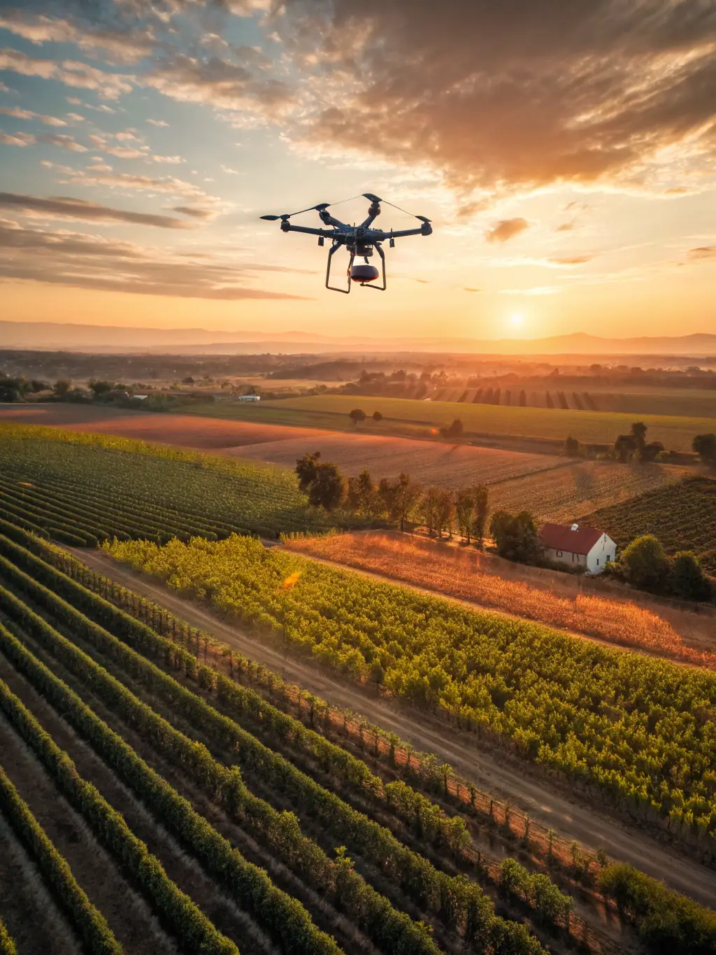 A drone shot of a farm using precision irrigation, illustrating reduced water usage and environmental impact.