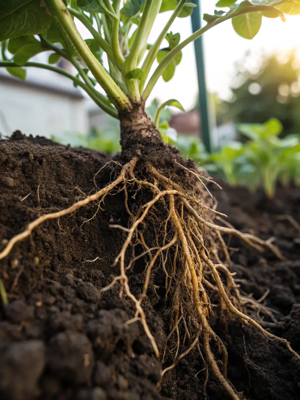 A close-up shot of a healthy plant root system in nutrient-rich soil, showcasing the benefits of precise irrigation and soil moisture monitoring provided by Adriatic Harvest's sensors.