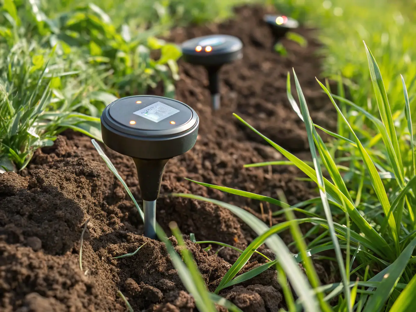 Close-up of IoT sensors embedded in the soil of an olive grove, monitoring pH levels and water saturation. The sensors are connected to a central data hub.