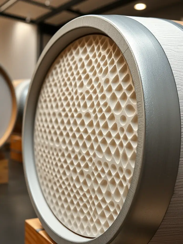 A close-up shot of a 3D-printed wine barrel showcasing its intricate, porous structure, highlighting the sustainable polymer material and advanced engineering.