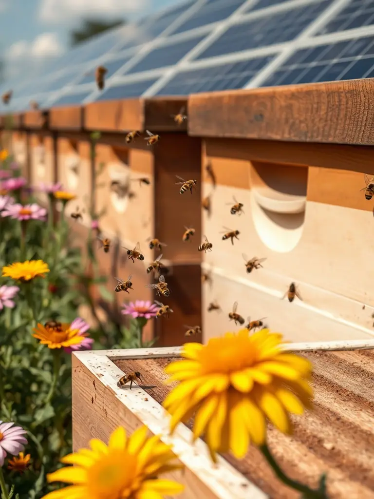 An image of HarvestBees™ smart beehives in an orchard, showing their sensor-enabled design and the natural environment. The image should convey the harmony between technology and nature in beekeeping.