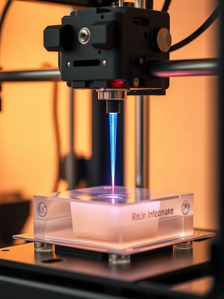 A high-resolution image of a 3D printer creating a HarvestInfused™ capsule. The printer uses SLA technology to form the capsule's complex internal geometries and diffusion membranes.