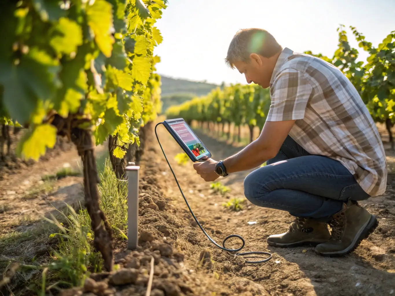 A close-up shot of a tablet displaying real-time data analytics from Adriatic Harvest's vineyards, showing metrics like grape maturity, weather patterns, and irrigation status.