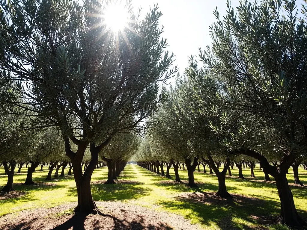 A lush olive grove at sunset, showcasing the integration of traditional farming with modern technology. Drones are visible in the sky, monitoring the health of the trees.