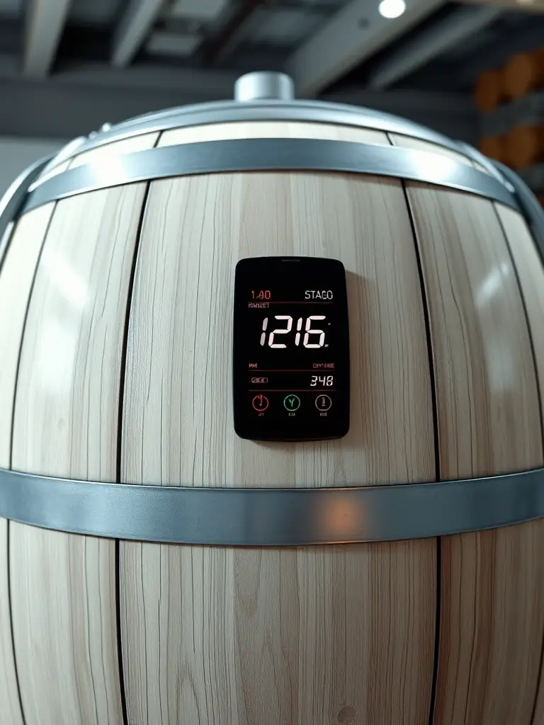 A 3D-printed wine barrel with embedded sensors, highlighting HarvestVintage™'s innovative approach to fermentation and botanical infusion.