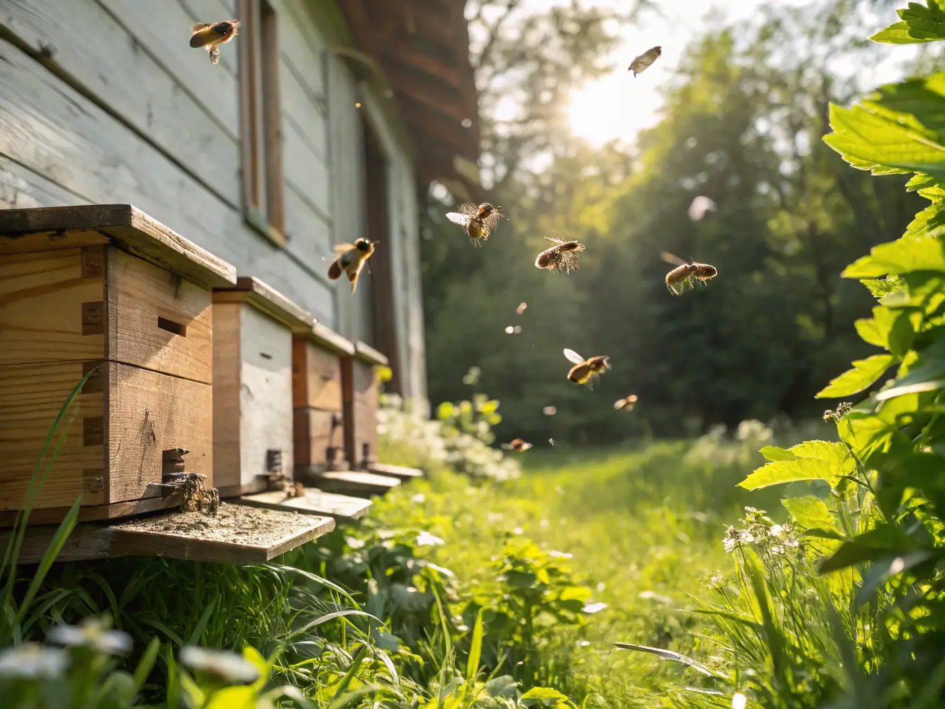 A close-up shot of a HarvestHive™ with bees actively entering and exiting, showcasing the hive's innovative design and functionality in a natural apiary setting.