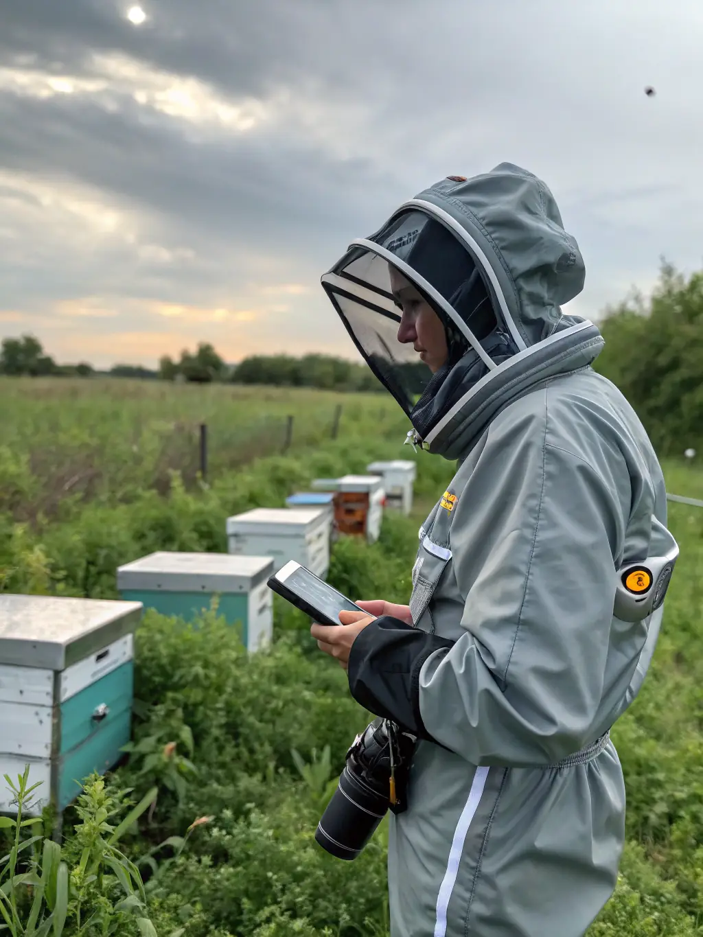 A beekeeper in a protective suit carefully inspecting a HarvestBees™ smart hive, with advanced sensors and monitoring equipment visible. The scene highlights the integration of technology and traditional beekeeping.