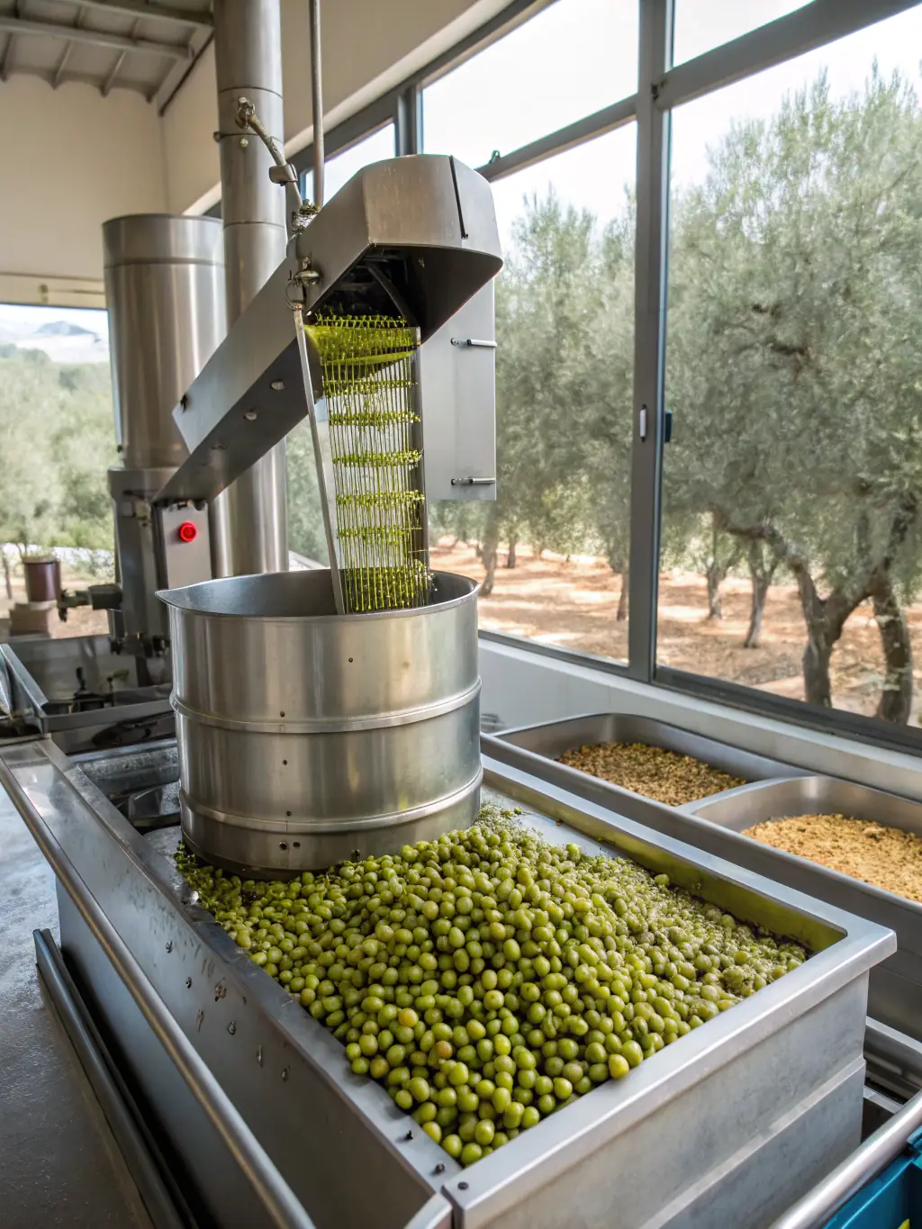 A visually appealing image of HarvestPress™ olive oil being extracted, showcasing the AI-optimized process and the resulting high-quality oil. The image should emphasize the precision and care involved in olive oil production.