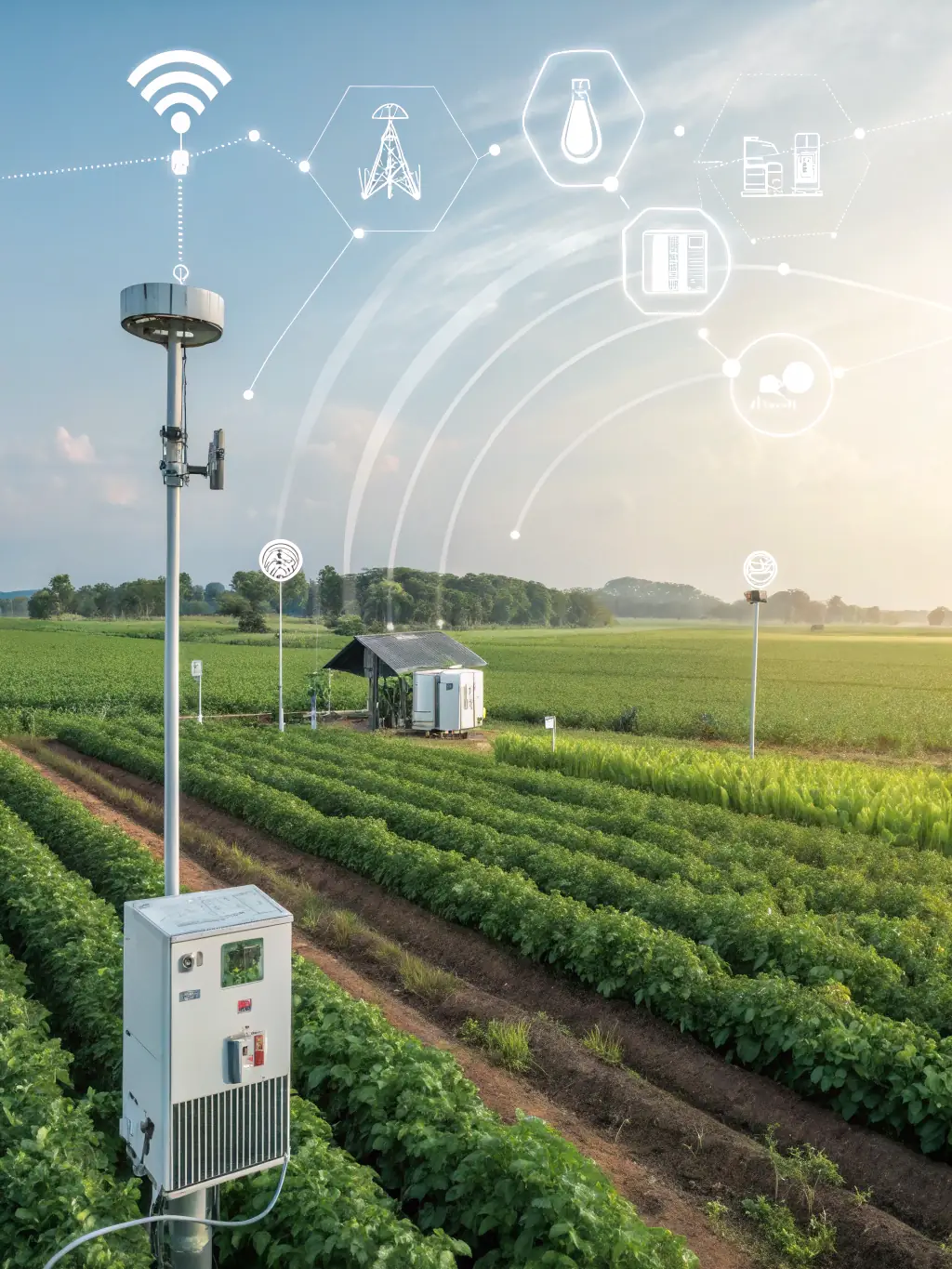 A visual representation of a secure, low-power wireless sensor network covering a large farm, emphasizing the robust communication protocols of Adriatic Harvest's system.