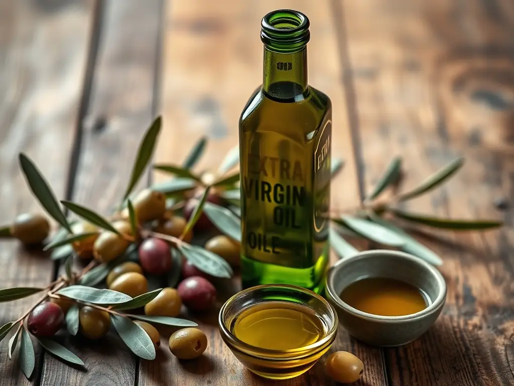 A bottle of HarvestPress™ olive oil being poured, highlighting its rich color and texture. The background features a modern, minimalist kitchen.