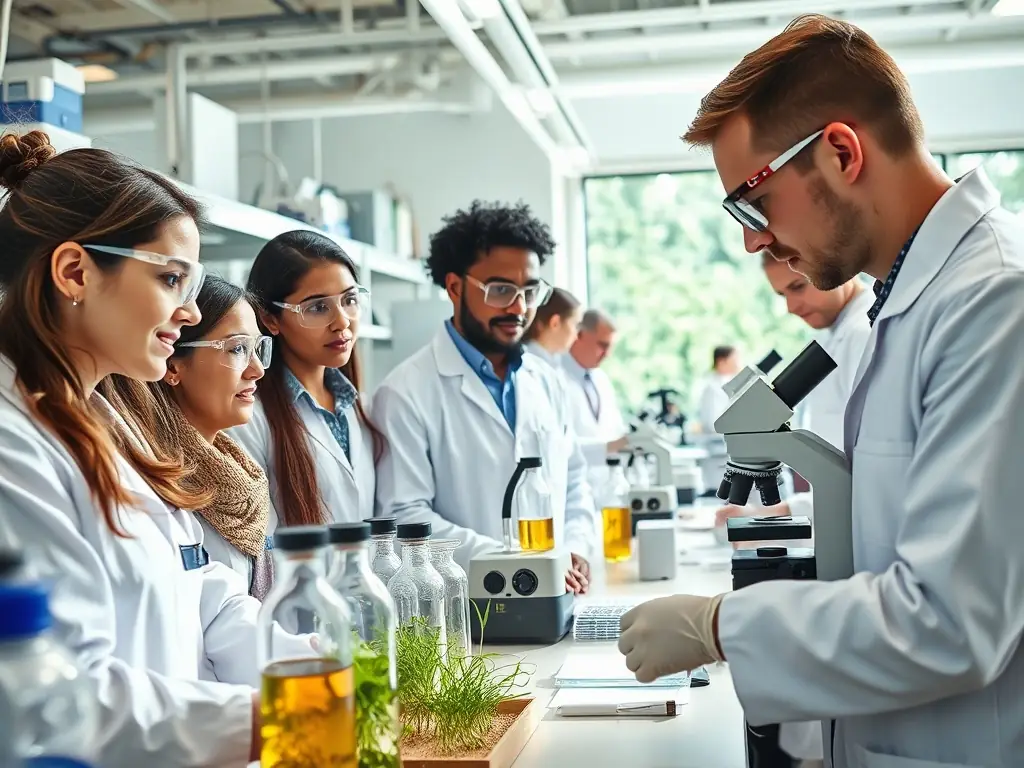 A diverse team of Adriatic Harvest™ scientists are working in a modern laboratory, analyzing soil samples and plant tissue to optimize nutrient delivery and reduce environmental impact.