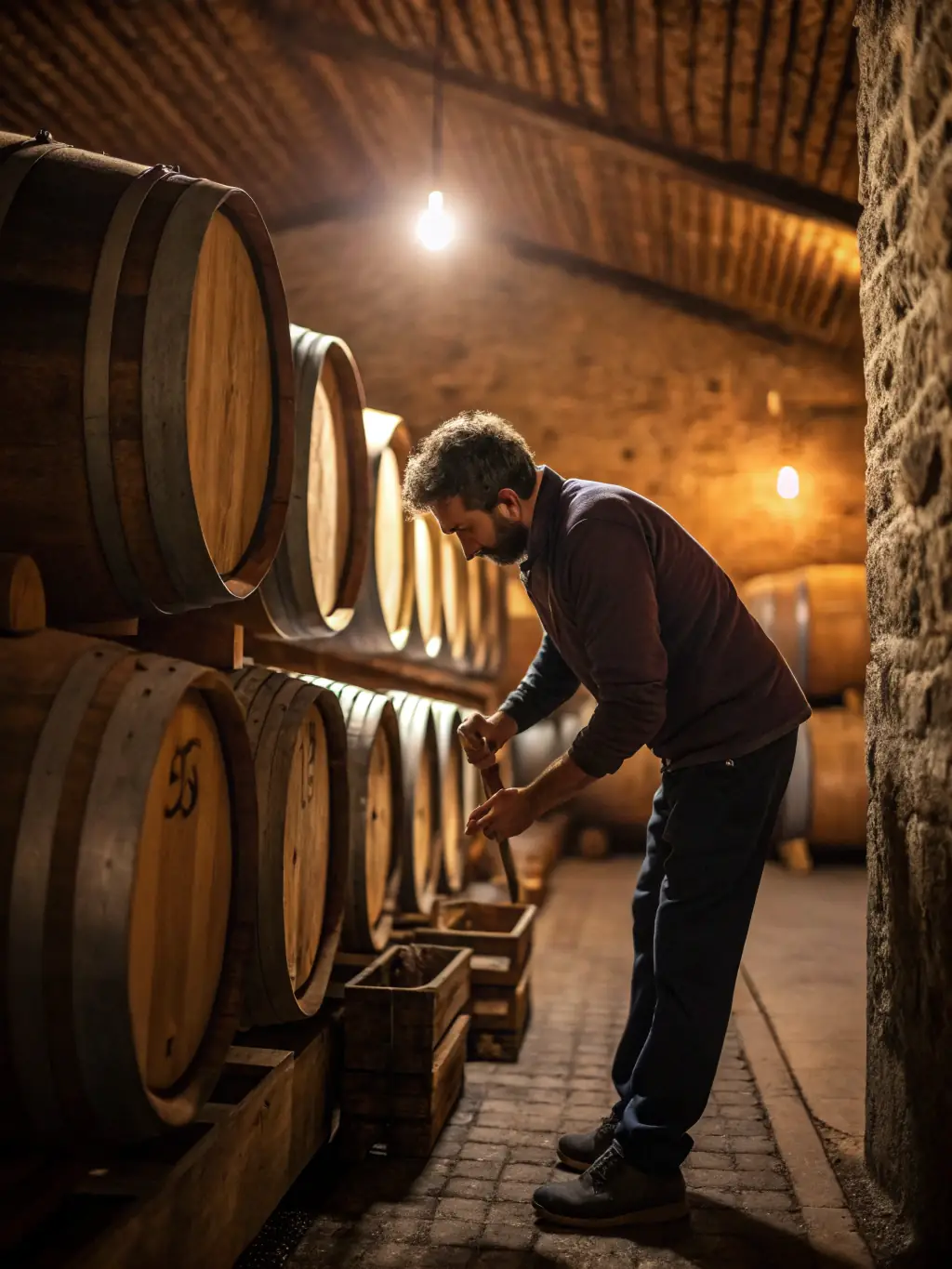 An image of a winemaker carefully inserting a flavor capsule into a HarvestVintage™ barrel, demonstrating the ease and precision of flavor control.