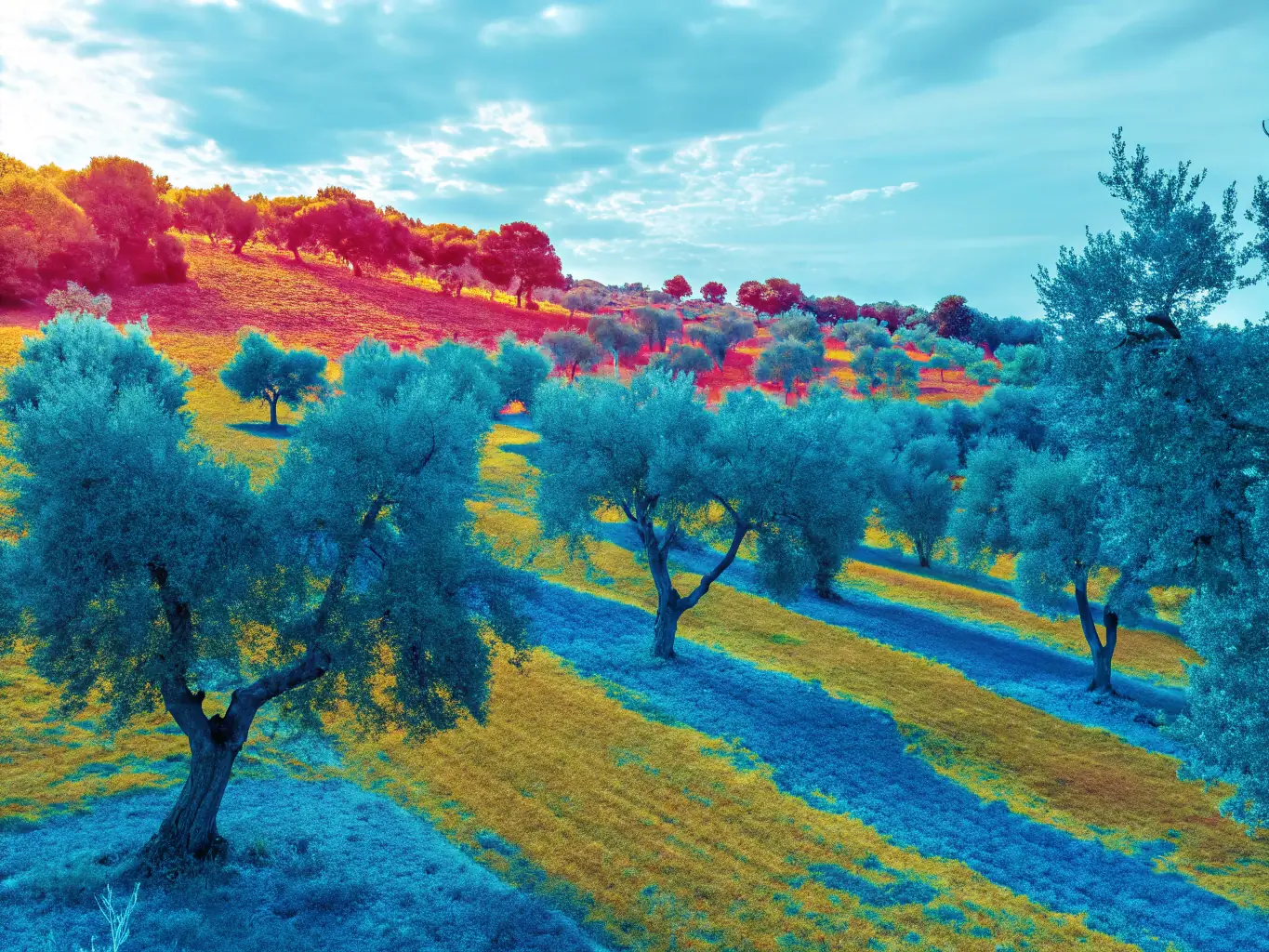A drone's-eye view of Adriatic Harvest's olive groves, showcasing the precision and scale of the operation, with data overlays indicating soil health and irrigation levels.