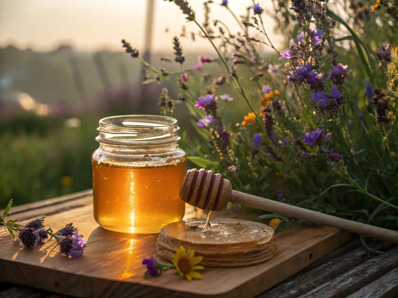 A jar of HarvestGold™ honey with visible botanical infusions, such as rosemary or lemon verbena, illustrating the unique flavor profiles achieved through Adriatic Harvest's patented HarvestInfused™ capsules.