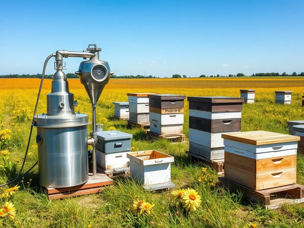 A close-up shot of a HarvestBees™ smart hive, showcasing the embedded sensors and 3D-printed antimicrobial structure, highlighting the technological innovation behind Adriatic Harvest's honey production.